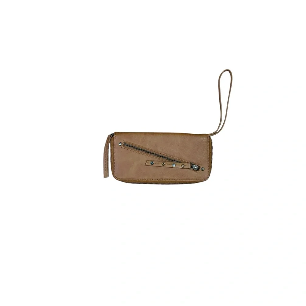 Free People Wristlet Wallet Clutch Camel Brown Vegan Leather Zip Closure NWOT